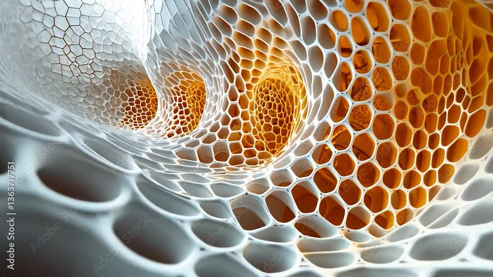 Abstract Cellular Structure: A 3D Render of Interconnected Honeycomb-like Forms in White and Gold