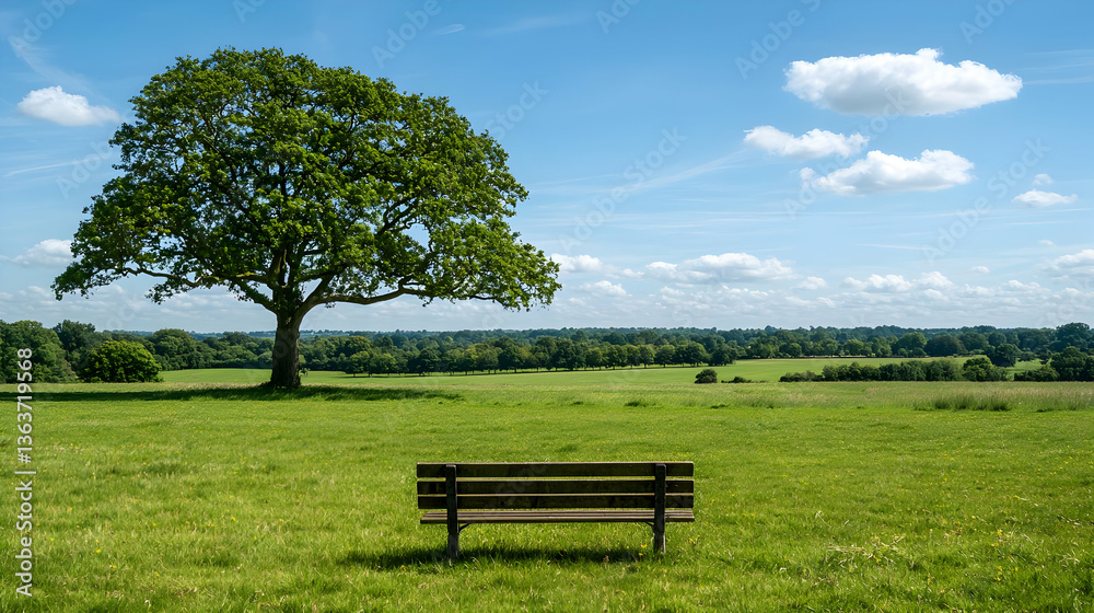 Lonely Wooden Bench Under Lush Green Tree on Sunny Day with Blue Sky Horizon View Lonely Wooden Bench Under Lush Green Tree on Sunny Day with Blue Sky Horizon View