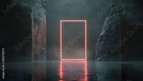 Mysterious doorway illuminated by neon light beckons exploration through a foggy and enigmatic landscape at twilight