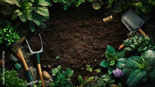 Fototapeta Naklejka Na Ścianę i Meble -  Top view of gardening tools and plants on a rich soil background