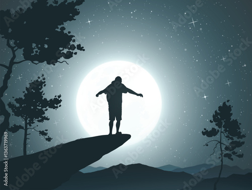 Climbing alone. Man silhouette on cliff edge. Moonlight starry night