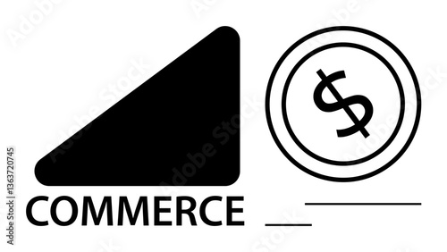 Black triangle and circular dollar icon with text commerce representing economic trends, trade, and financial progress. Ideal for business, finance, investment, e-commerce, economy, marketing trade
