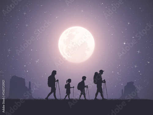 Family travel. People walk at canyon with trekking poles at full moon