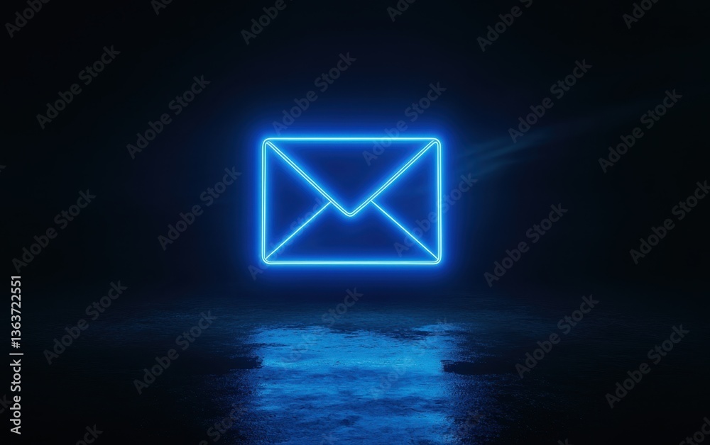 Blue neon mail icon over water reflection