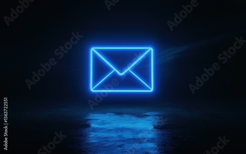 Obraz na płótnie Blue neon mail icon over water reflection w salonie