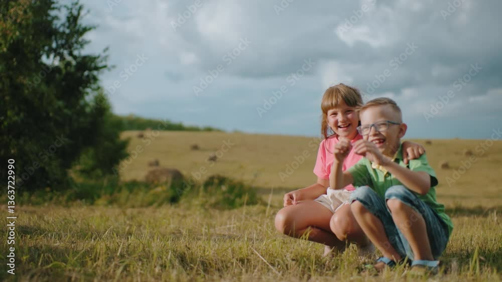 Siblings squatting outdoors in bright sunlight as sister holds brother close, both smiling joyfully while mum captures their playful moment with a photograph, surrounded by open countryside and lush Siblings squatting outdoors in bright sunlight as sister holds brother close, both smiling joyfully while mum captures their playful moment with a photograph, surrounded by open countryside and lush