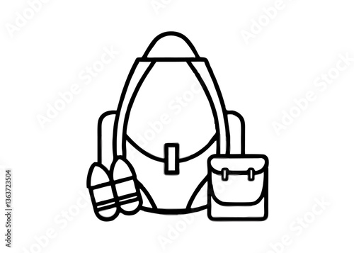 Ready for Adventure: A minimalist line art illustration of a backpack, sandals and small bag, perfectly capturing the essence of travel and the anticipation of exploration.