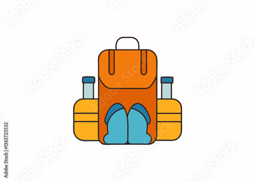 Vacation Essentials: An eye-level flat vector graphic of essential travel items arranged against a light backdrop