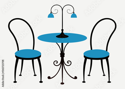 Elegant Café Set: A charming outdoor cafe setting, featuring a round table and two delicate chairs, illuminated by a decorative lamp