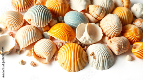 Set of colorful seashells, objects isolated on white background. Cutout natural clams, Shells of mollusks with soft shadows, beauty nature, organic shapes and macro texture details, design elements