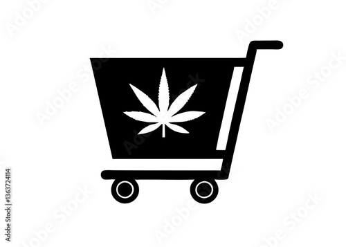Cannabis Cart: A simple, bold depiction of a shopping cart with the iconic cannabis leaf, a symbol of purchase and retail, set against a neutral backdrop.