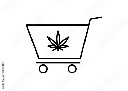 Shopping Cart with Cannabis Leaf: This minimalist illustration features a shopping cart adorned with a cannabis leaf, ready for use in design assets.