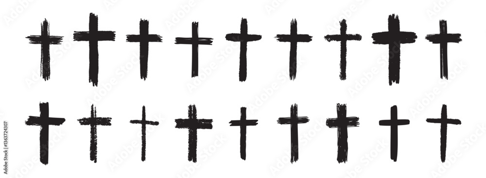 hand drawn grunge cross black bold icons set. Christian cross signs collection, cross symbols created with real ink brush isolated on white background.