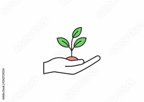 Nurturing Nature: A helping hand cradles a delicate seedling, symbolizing growth and environmental stewardship in a clean and simple style.