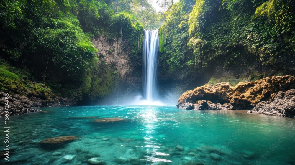 Naklejka premium Enchanting Balinese Waterfall Cascade Into a Turquoise Pool Beneath Jungle Canopy