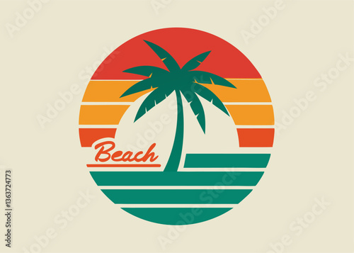 Island Bliss: A nostalgic illustration of a tropical island sunset, captured within a circular design, evoking the freedom of summer and the warmth of the sun.