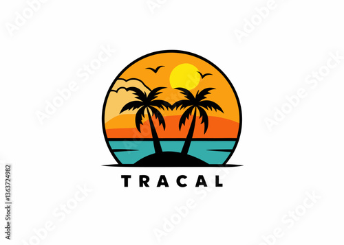 Tropical Paradise Illustration: A stylized illustration of a tropical beach scene, complete with palm trees, the setting sun, and birds. It evokes feelings of peace and vacation.