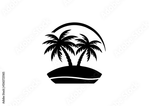 Tropical Paradise Silhouette: A stark, graphic representation of two palm trees on a small island, framed by a partial arc, evoking a sense of tropical relaxation and warmth.