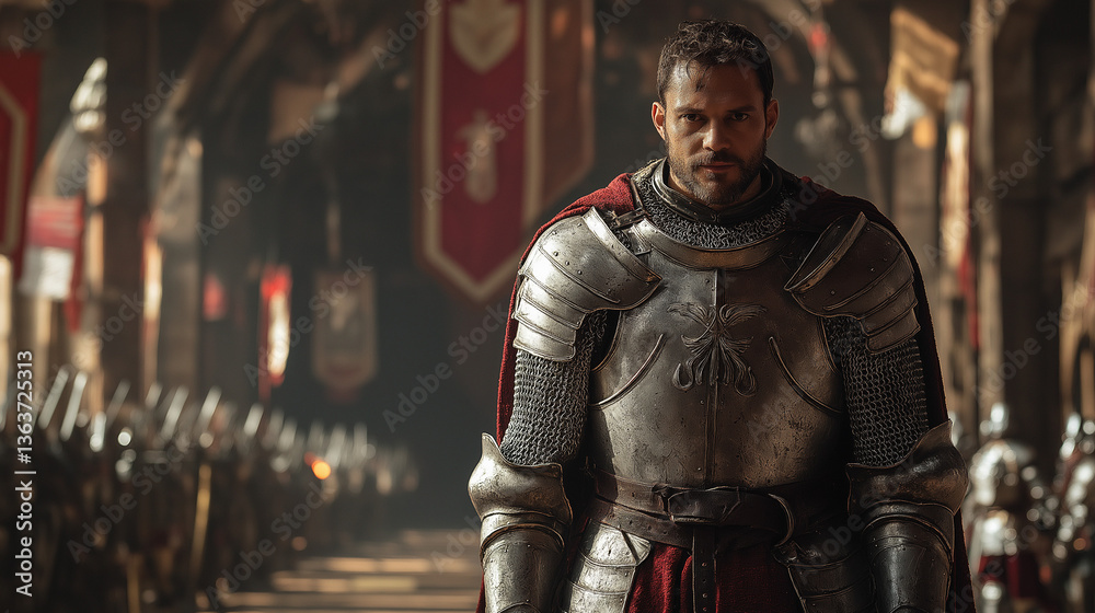 Fully Armored Knight in a Grand Hall, Surrounded by Banners and Weapons
Fully Armored Knight in a Grand Hall, Surrounded by Banners and Weapons