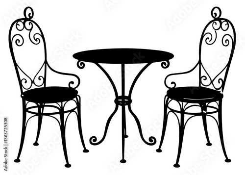 Serene Silhouette: Elegant wrought-iron table and chairs set, perfect for a peaceful outdoor moment.