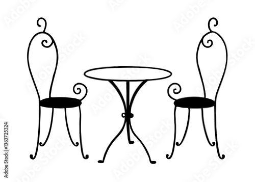 Artistic Bistro Set: A whimsical line drawing depicts a charming bistro set, composed of a round table and two elegant chairs, perfect for outdoor dining and relaxation.