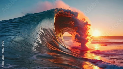 Majestic ocean waves crash and reflect vibrant sunset colors at golden hour capturing nature's raw power and beauty in coastal seascape
