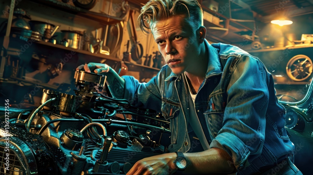 A skilled mechanic working on a car engine in a wellequipped garage showcasing expertise and A skilled mechanic working on a car engine in a wellequipped garage showcasing expertise and
