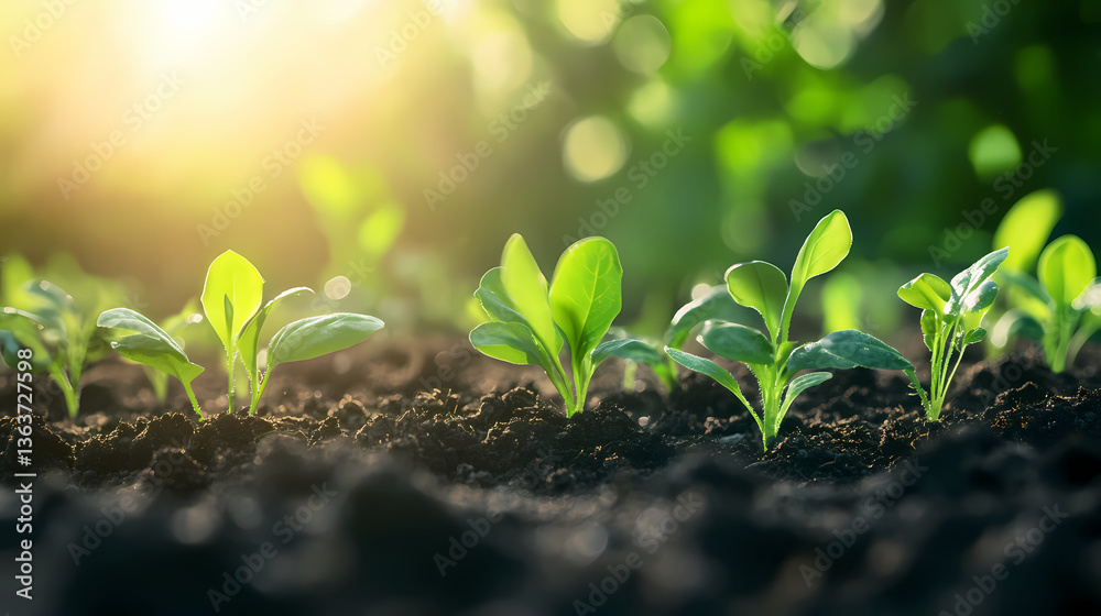 Lush green seedlings emerging from rich soil, bathed in soft sunlight. captivating nature's growth and vitality on a farm. Enchanted Growth. Illustration