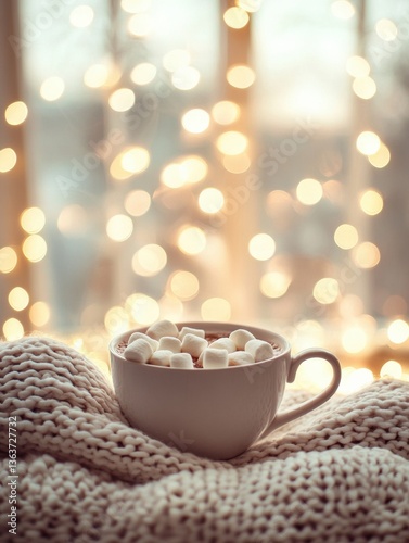 Wallpaper Mural Enjoying a cozy cup of hot cocoa with marshmallows surrounded by warm golden light and soft-focus fairy lights in a relaxing atmosphere Torontodigital.ca