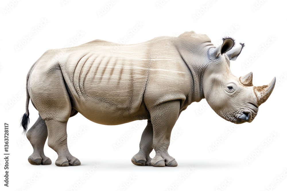 Standing Rhino on White Background - Wildlife and Conservation Image Standing Rhino on White Background - Wildlife and Conservation Image