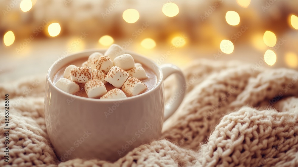 Cozy hot cocoa topped with marshmallows in a knitted sweater surrounded by soft fairy lights at a warm indoor setting Cozy hot cocoa topped with marshmallows in a knitted sweater surrounded by soft fairy lights at a warm indoor setting