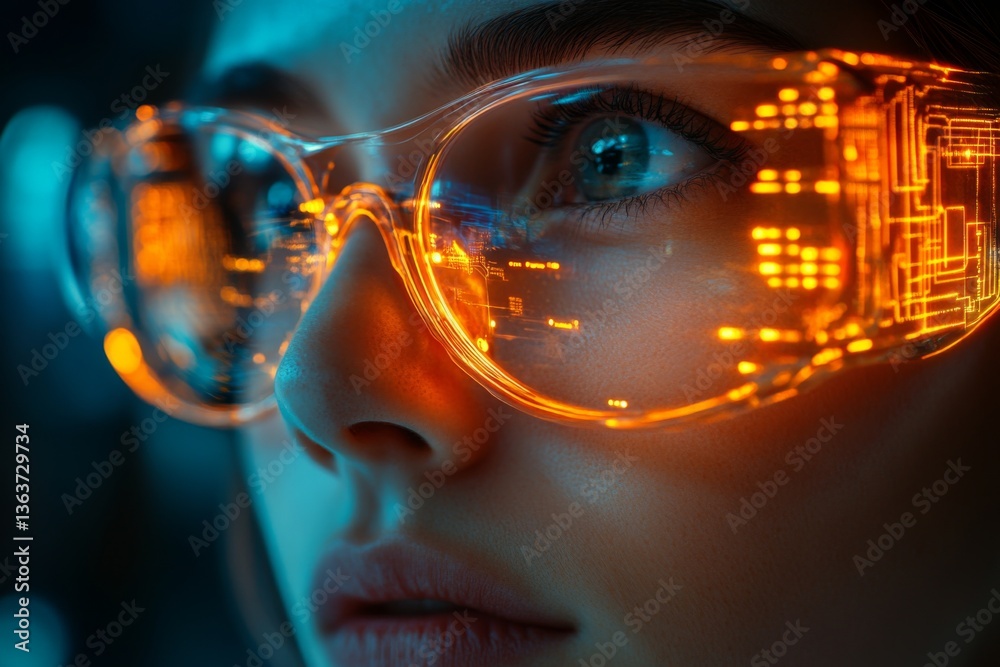 A scientist works intently in a laboratory, her futuristic glasses reflecting digital data while she analyzes intricate scientific details Generative AI