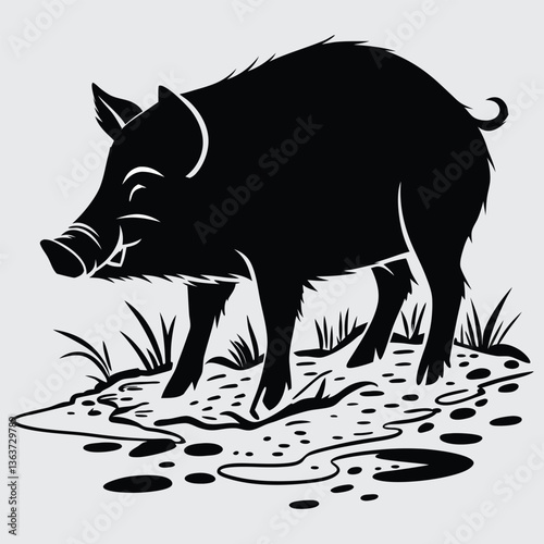 A pig standing in mud image silhouette design vector art and illustration