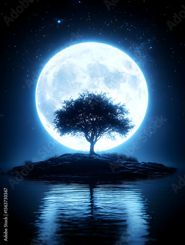 Solitary tree on a small island under a luminous full moon at night, reflected in calm water