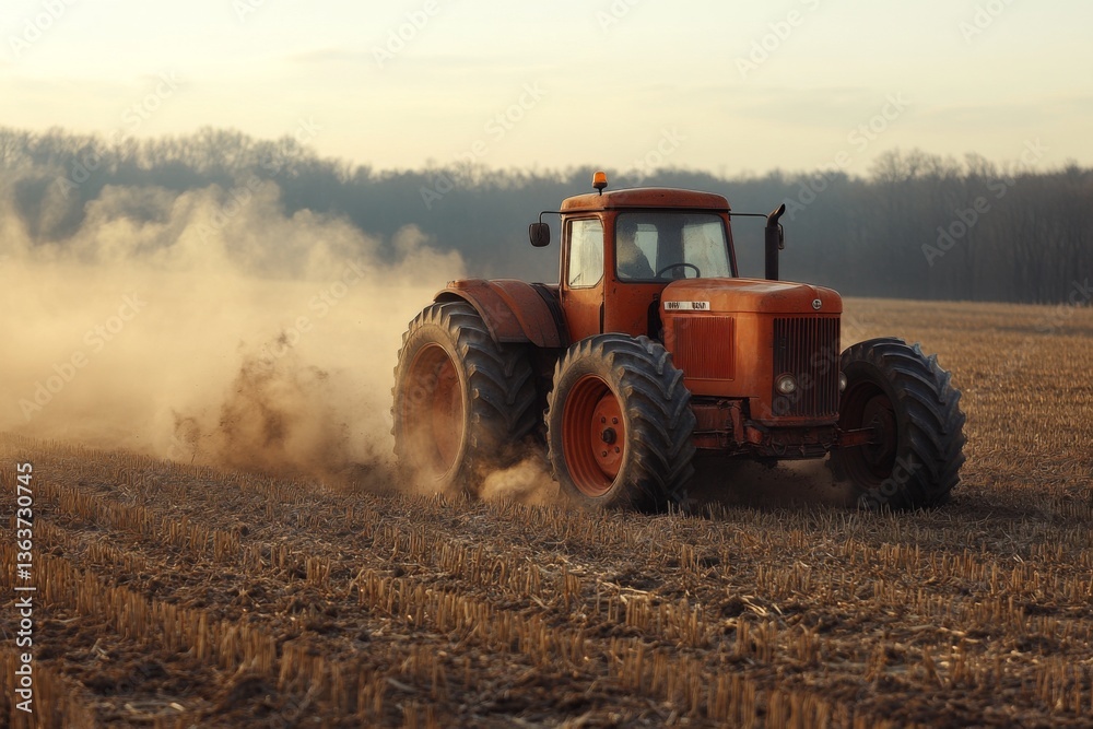 Obraz premium An old tractor is tilling the soil in a rural field during sunset, generating clouds of dust as it moves across the landscape, showcasing agricultural life Generative AI