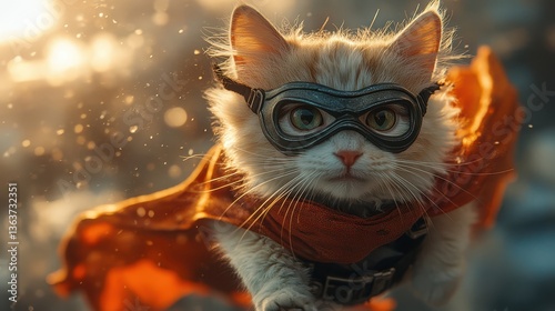 Adorable cat wearing goggles and a red cape, captured mid-air as if flying like a superhero in warm cinematic lighting..