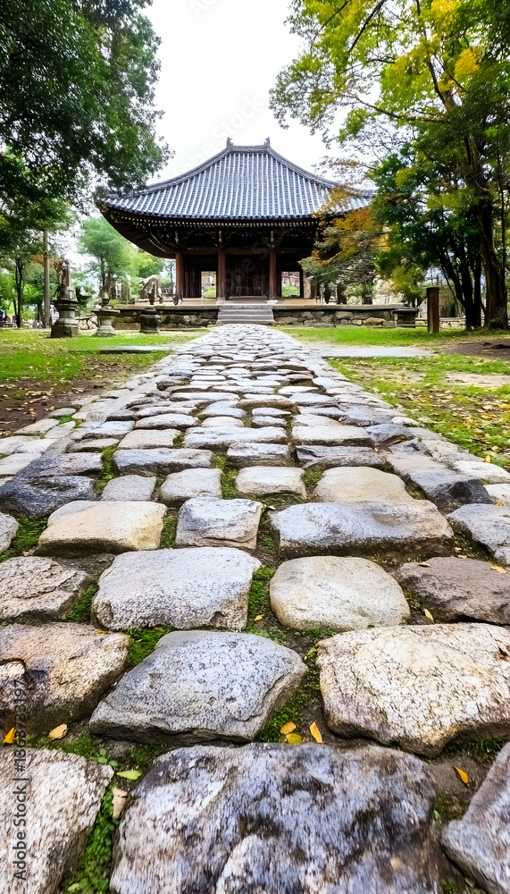 Obraz premium Stone path leading to traditional Asian temple in serene garden