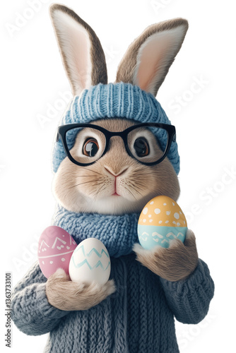 Easter bunny holding easter eggs and wearing knitted hat and eyeglasses, real png.