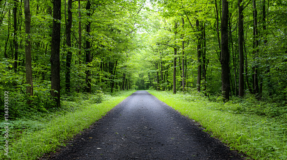 Fototapeta premium Asphalt Path Through Lush Green Forest Canopy With Sunlight And Natural Environment