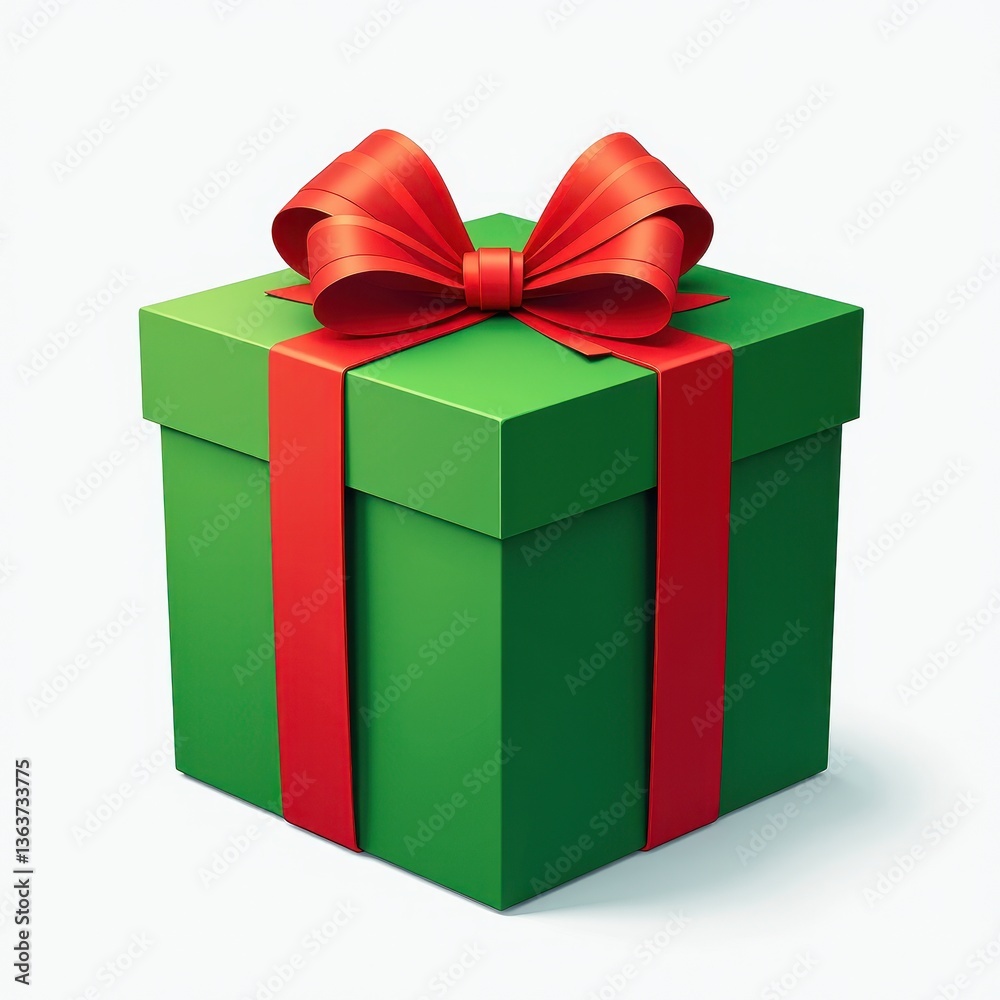 Vibrant Green Gift Box Wrapped in Red Ribbon Against Clean White Background. A green gift box with a red ribbon and bow. Vibrant Green Gift Box Wrapped in Red Ribbon Against Clean White Background. A green gift box with a red ribbon and bow.