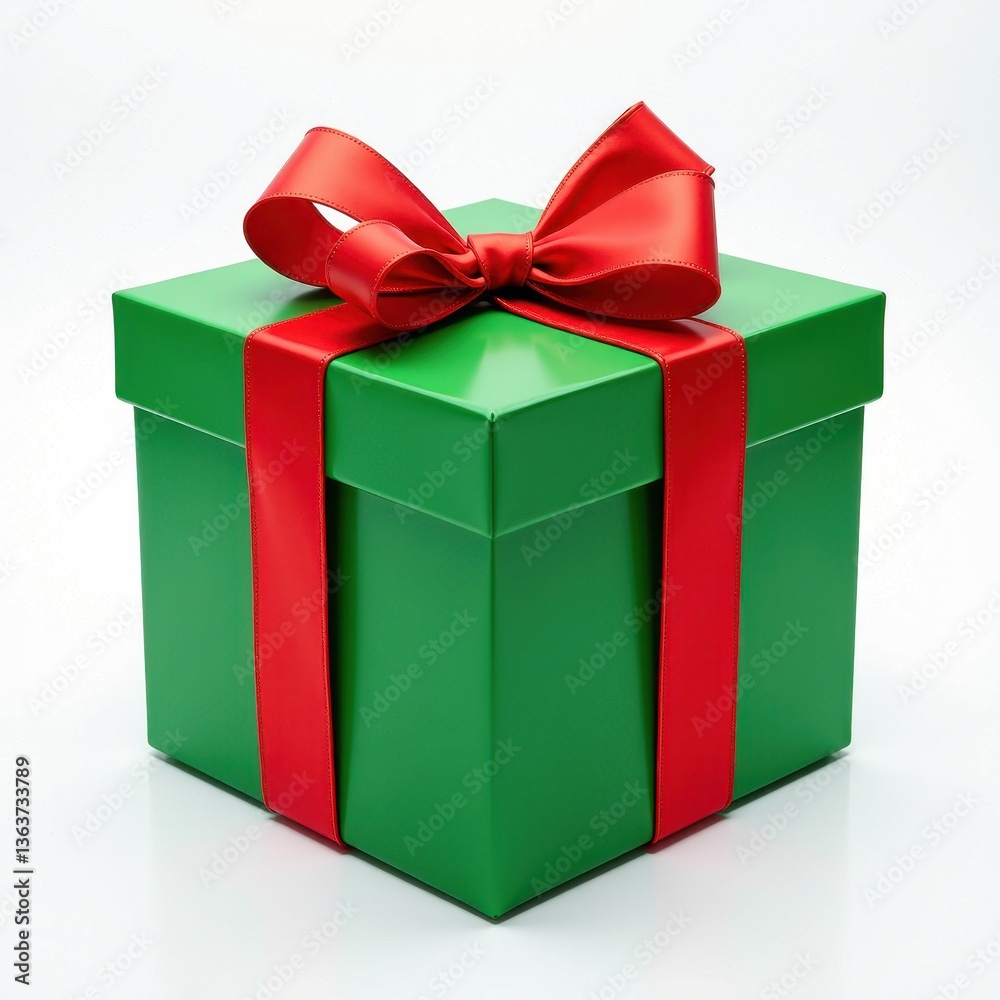 Sparkling Green Gift Box Wrapped in Bold Red Ribbon Against Fresh White Background. A green gift box with a red ribbon and bow. Sparkling Green Gift Box Wrapped in Bold Red Ribbon Against Fresh White Background. A green gift box with a red ribbon and bow.