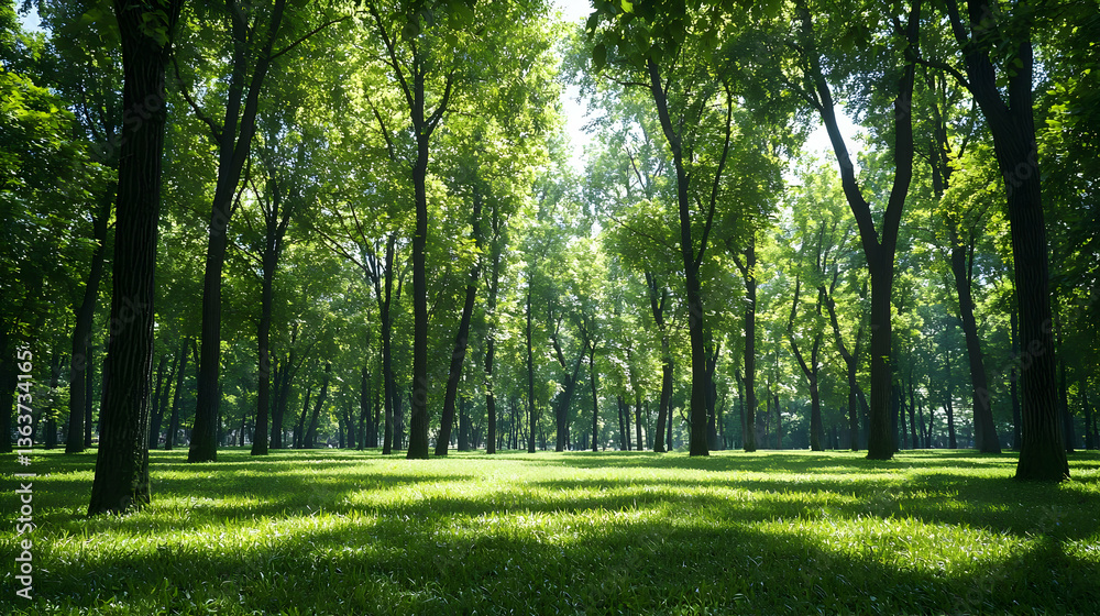 Obraz premium Lush Green Forest Scene with Sunlit Canopy and Dense Trees at Daytime