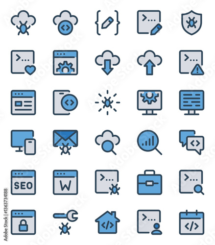 Filled blue outline icons set for Web development, programming.