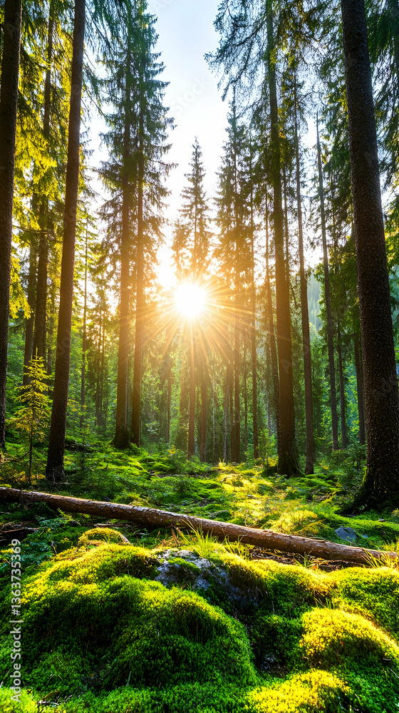 Fototapeta premium Sunlit forest path with moss-covered ground and tall trees