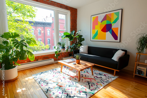 Sunlit living room with hardwood floors, plants, and modern art