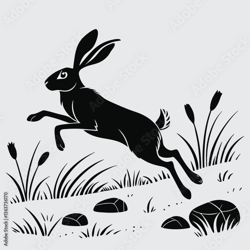 A rabbit hopping in a farmyard image silhouette design vector art and illustration