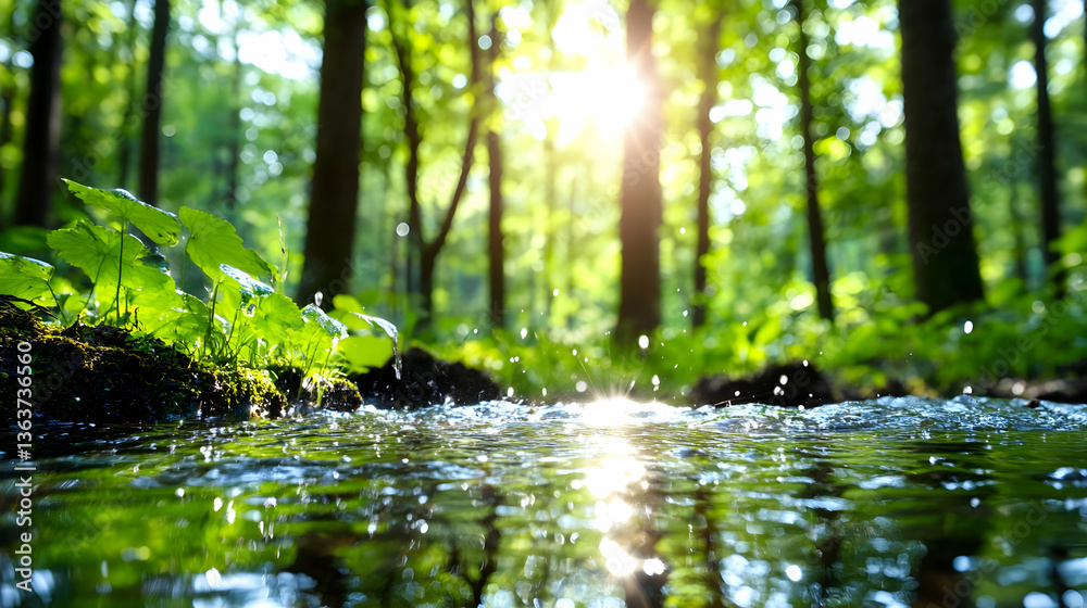 Fototapeta premium Sunlit stream flows through lush green forest