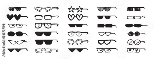 Thug glasses. Cool glasses graffiti grunge black sunglasses set, brush scribble hand drawn doodle elements