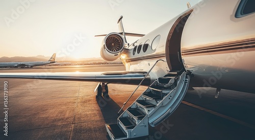 Luxury jet at sunrise on tarmac with open door and stairs