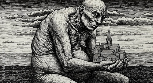 A black and white woodcut style illustration of a giant, gaunt man, seen from a low angle, holding a small town in his hands. The man has a sad and contemplative expression. The town has a church with